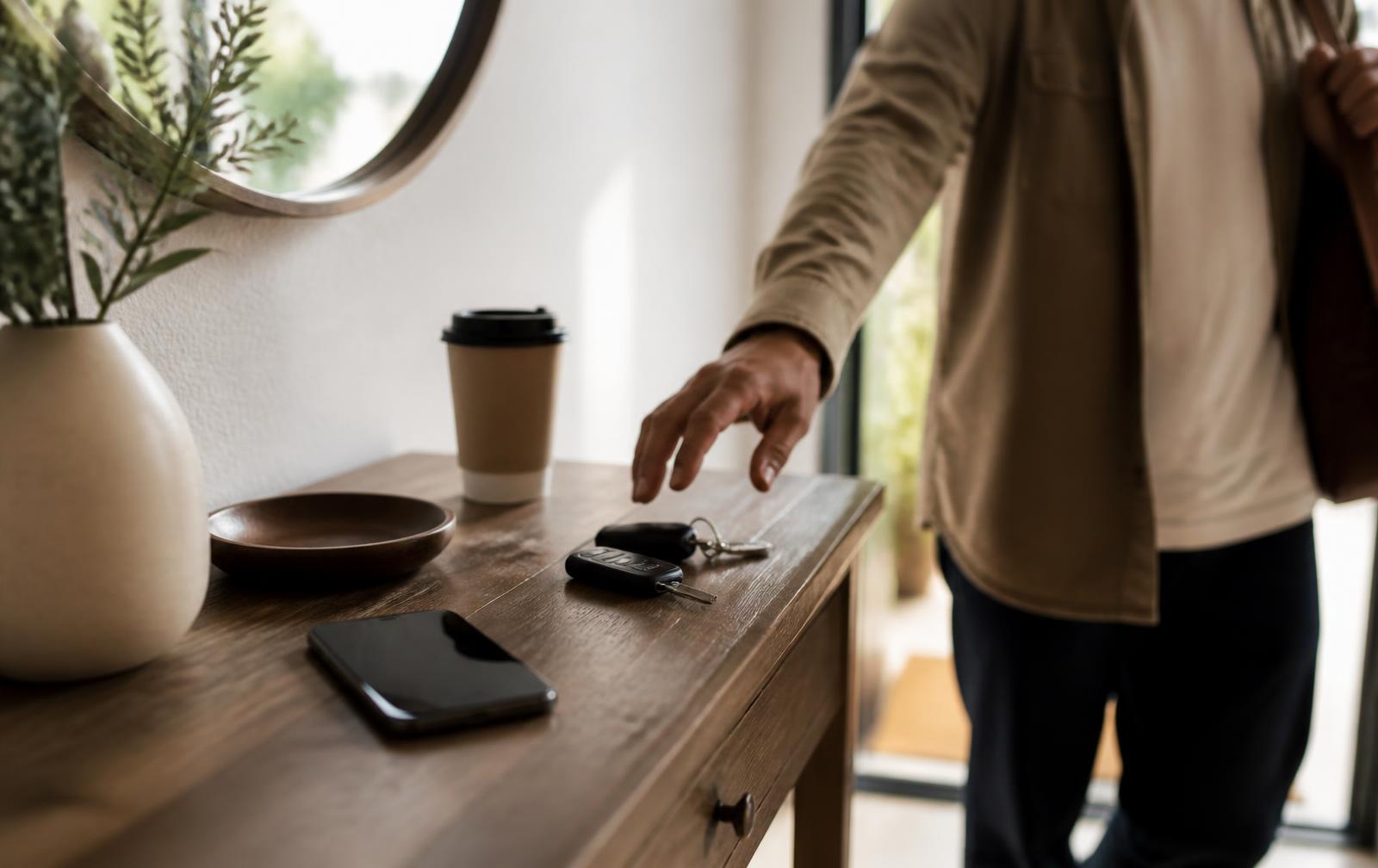A quiet desk with a phone and notebook in warm afternoon light
